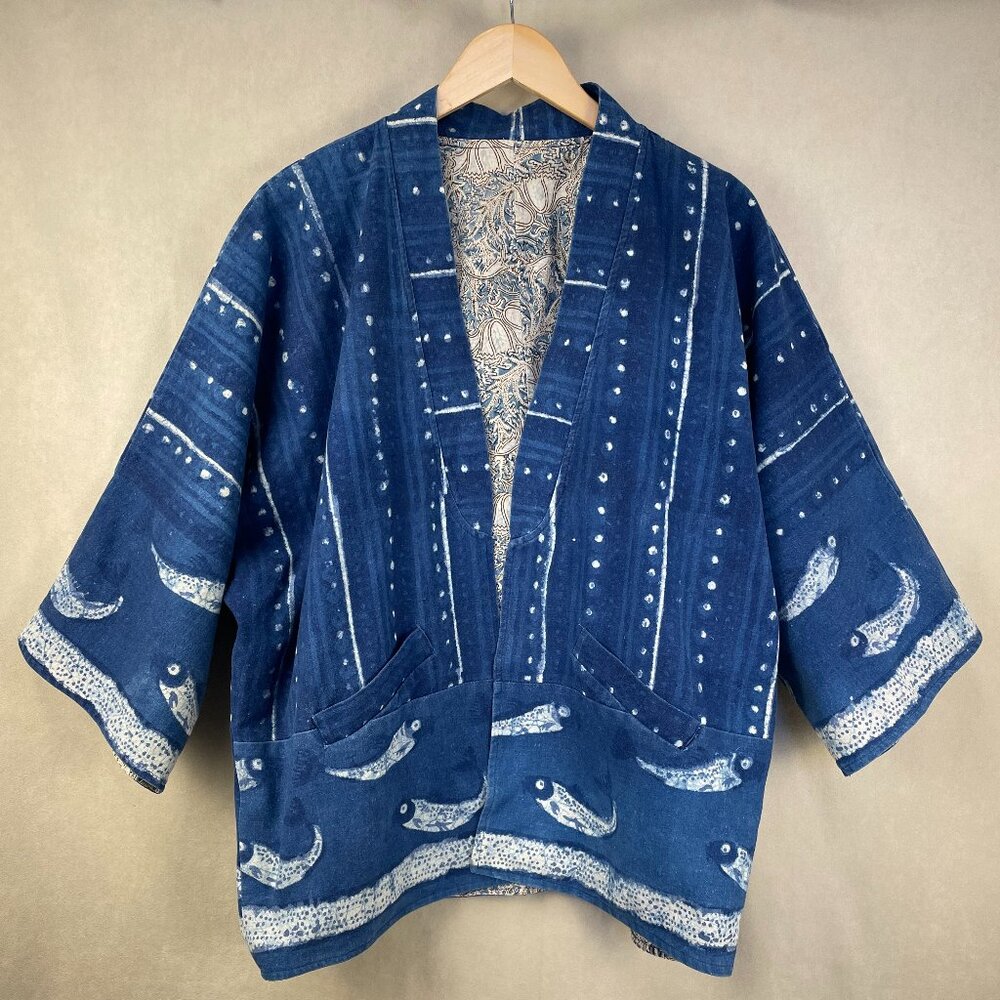 Vintage Hand Painted Batik Jacket, indigo